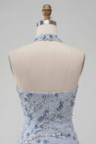 Dusty Blue Strapless Bodycon Floral Sequins Short Homecoming Dress with Fringes