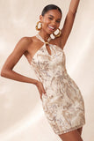 Champagne Halter Neck Bodycon Sequins Floral Backless Short Homecoming Dress