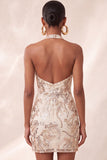 Champagne Halter Neck Bodycon Sequins Floral Backless Short Homecoming Dress