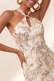 Champagne Halter Neck Bodycon Sequins Floral Backless Short Homecoming Dress