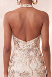Champagne Halter Neck Bodycon Sequins Floral Backless Short Homecoming Dress