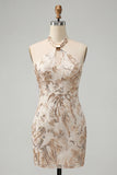 Champagne Halter Neck Bodycon Sequins Floral Backless Short Homecoming Dress