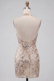 Champagne Halter Neck Bodycon Sequins Floral Backless Short Homecoming Dress