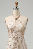 Champagne Halter Neck Bodycon Sequins Floral Backless Short Homecoming Dress