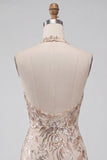 Champagne Halter Neck Bodycon Sequins Floral Backless Short Homecoming Dress