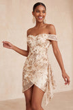 Off the Shoulder Champagne Bodycon Floral Sequins Short Homecoming Dress with Sash