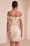 Off the Shoulder Champagne Bodycon Floral Sequins Short Homecoming Dress with Sash