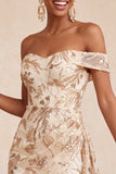 Off the Shoulder Champagne Bodycon Floral Sequins Short Homecoming Dress with Sash