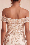 Off the Shoulder Champagne Bodycon Floral Sequins Short Homecoming Dress with Sash