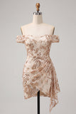 Off the Shoulder Champagne Bodycon Floral Sequins Short Homecoming Dress with Sash