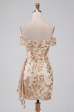 Off the Shoulder Champagne Bodycon Floral Sequins Short Homecoming Dress with Sash