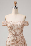 Off the Shoulder Champagne Bodycon Floral Sequins Short Homecoming Dress with Sash