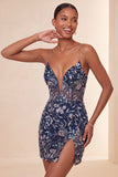 Bodycon Navy Sequins Floral Spaghetti Straps Short Homecoming Dress with Slit