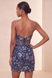 Bodycon Navy Sequins Floral Spaghetti Straps Short Homecoming Dress with Slit