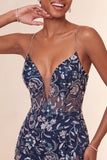 Bodycon Navy Sequins Floral Spaghetti Straps Short Homecoming Dress with Slit