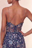 Bodycon Navy Sequins Floral Spaghetti Straps Short Homecoming Dress with Slit