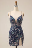 Bodycon Navy Sequins Floral Spaghetti Straps Short Homecoming Dress with Slit
