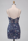 Bodycon Navy Sequins Floral Spaghetti Straps Short Homecoming Dress with Slit