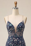 Bodycon Navy Sequins Floral Spaghetti Straps Short Homecoming Dress with Slit
