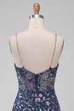 Bodycon Navy Sequins Floral Spaghetti Straps Short Homecoming Dress with Slit