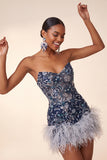 Sweetheart Navy Bodycon Floral Sequins Short Homecoming Dress with Feathers