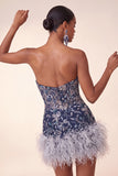 Sweetheart Navy Bodycon Floral Sequins Short Homecoming Dress with Feathers