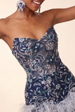 Sweetheart Navy Bodycon Floral Sequins Short Homecoming Dress with Feathers