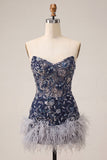 Sweetheart Navy Bodycon Floral Sequins Short Homecoming Dress with Feathers