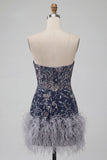 Sweetheart Navy Bodycon Floral Sequins Short Homecoming Dress with Feathers