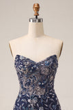 Sweetheart Navy Bodycon Floral Sequins Short Homecoming Dress with Feathers