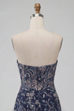 Sweetheart Navy Bodycon Floral Sequins Short Homecoming Dress with Feathers