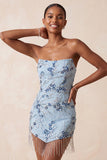 Strapless Dusty Blue Sequins Floral Short Homecoming Dress with Fringes