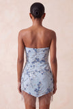 Strapless Dusty Blue Sequins Floral Short Homecoming Dress with Fringes