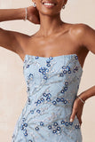 Strapless Dusty Blue Sequins Floral Short Homecoming Dress with Fringes