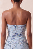 Strapless Dusty Blue Sequins Floral Short Homecoming Dress with Fringes