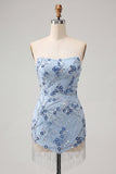 Strapless Dusty Blue Sequins Floral Short Homecoming Dress with Fringes
