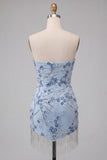 Strapless Dusty Blue Sequins Floral Short Homecoming Dress with Fringes