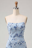 Strapless Dusty Blue Sequins Floral Short Homecoming Dress with Fringes
