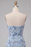 Strapless Dusty Blue Sequins Floral Short Homecoming Dress with Fringes