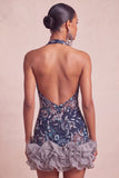 Navy Halter Neck Sequins Bodycon Floral Backless Short Homecoming Dress with Ruffles