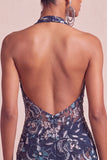 Navy Halter Neck Sequins Bodycon Floral Backless Short Homecoming Dress with Ruffles