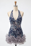 Navy Halter Neck Sequins Bodycon Floral Backless Short Homecoming Dress with Ruffles