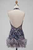 Navy Halter Neck Sequins Bodycon Floral Backless Short Homecoming Dress with Ruffles