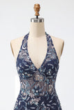 Navy Halter Neck Sequins Bodycon Floral Backless Short Homecoming Dress with Ruffles