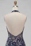 Navy Halter Neck Sequins Bodycon Floral Backless Short Homecoming Dress with Ruffles