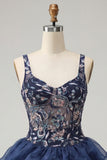 A-Line Navy Sequins Floral Thick Straps Short Homecoming Dress