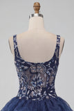 A-Line Navy Sequins Floral Thick Straps Short Homecoming Dress