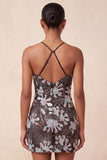 Black Bodycon Spaghetti Straps Sequins Floral Short Homecoming Dress with Slit
