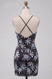 Black Bodycon Spaghetti Straps Sequins Floral Short Homecoming Dress with Slit