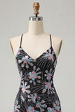 Black Bodycon Spaghetti Straps Sequins Floral Short Homecoming Dress with Slit